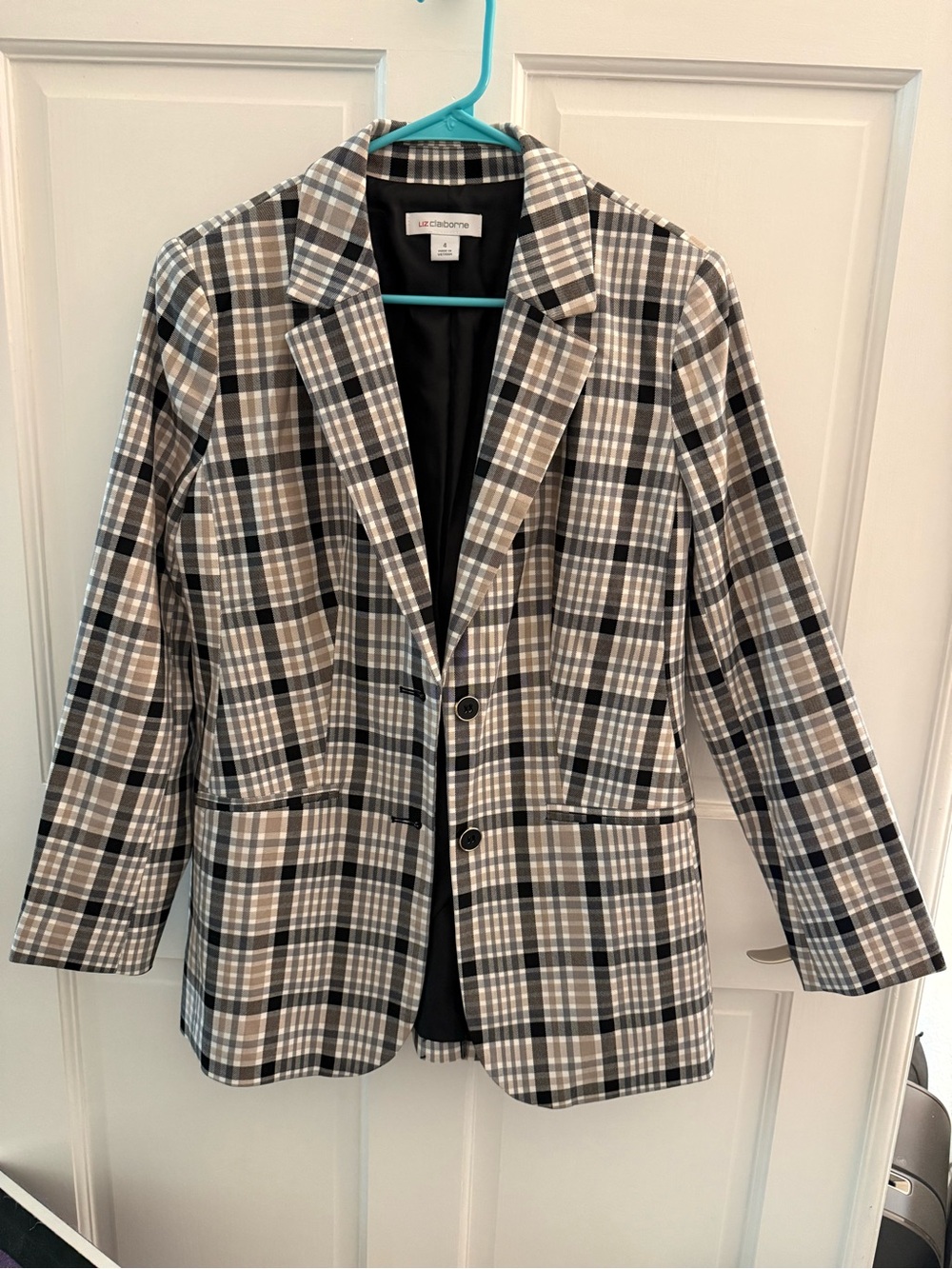 NWT Liz Claiborne Women's Plaid Blazer - Beige & Black Size 4
